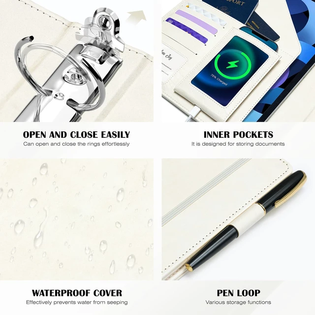 Alt view image 5 of 7 - Leather 3 Ring Binder for Letter Size Documents with PVC Pocketed Dividers, Pencil Pouch & Notepad, 1 Inch Round Rings, Holds 175 Sheets, for Office School Home Organization, Flower White
