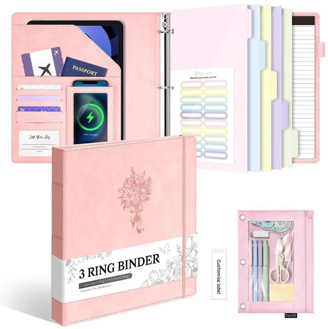 Main image of Leather 3 Ring Binder for Letter Size Documents with PVC Pocketed Dividers, Storage Bag & Notepad, 1 Inch Round Rings, Holds 175 Sheets, for Office School Home Organization, Flower Pink