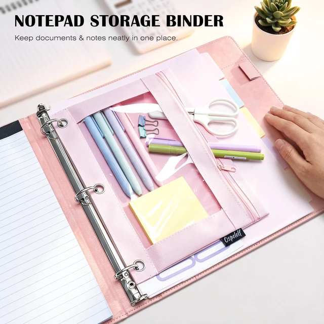 Alt view image 3 of 7 - Leather 3 Ring Binder for Letter Size Documents with PVC Pocketed Dividers, Storage Bag & Notepad, 1 Inch Round Rings, Holds 175 Sheets, for Office School Home Organization, Flower Pink