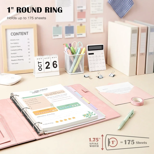 Alt view image 2 of 7 - Leather 3 Ring Binder for Letter Size Documents with PVC Pocketed Dividers, Storage Bag & Notepad, 1 Inch Round Rings, Holds 175 Sheets, for Office School Home Organization, Flower Pink