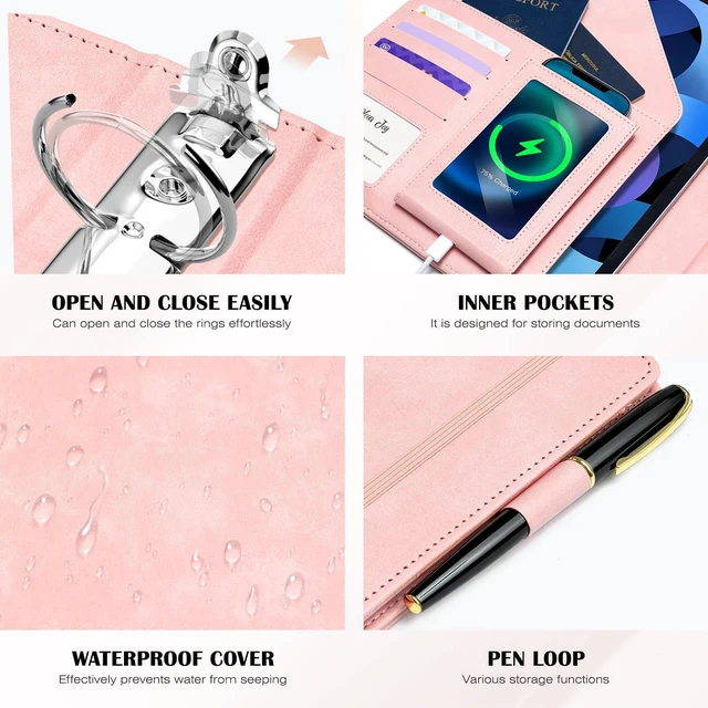 Alt view image 4 of 7 - Leather 3 Ring Binder for Letter Size Documents with PVC Pocketed Dividers, Storage Bag & Notepad, 1 Inch Round Rings, Holds 175 Sheets, for Office School Home Organization, Flower Pink