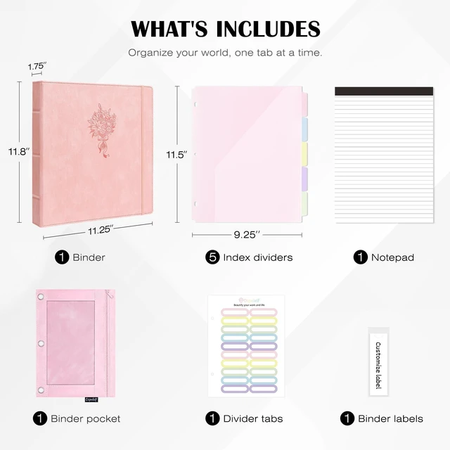 Alt view image 6 of 7 - Leather 3 Ring Binder for Letter Size Documents with PVC Pocketed Dividers, Storage Bag & Notepad, 1 Inch Round Rings, Holds 175 Sheets, for Office School Home Organization, Flower Pink