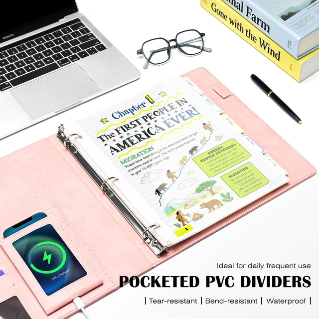 Alt view image 5 of 7 - Leather 3 Ring Binder for Letter Size Documents with PVC Pocketed Dividers, Storage Bag & Notepad, 1 Inch Round Rings, Holds 175 Sheets, for Office School Home Organization, Flower Pink