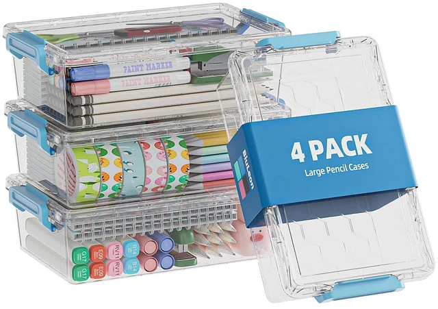 Main image of 4 Pack Extra Large Pencil Box, Plastic Pencil Case Organizer, Clear Crayon Box Marker Organizer, Stackable Craft Organizers and Storage for Pen, Craft, Art Supply(Blue)