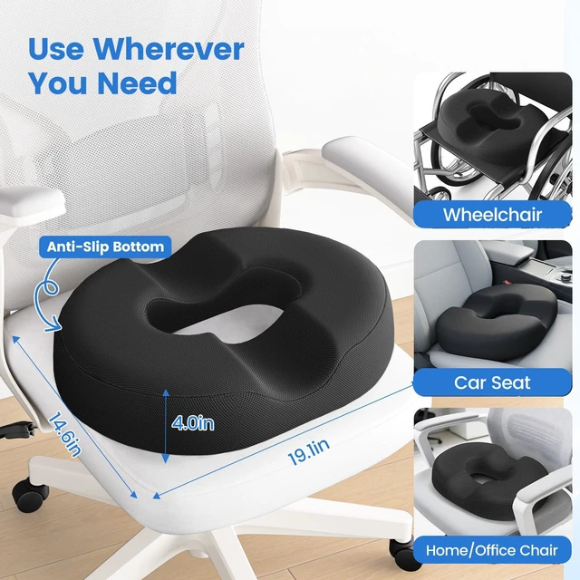 Alt view image 6 of 7 - Donut Pillow Cooling Gel Memory Foam Cushion, XXL, Black Relief for Tailbone Pain Hemorrhoids Pregnancy Sciatica, Machine Washable Cover, Non-Slip Base, Office Wheelchair