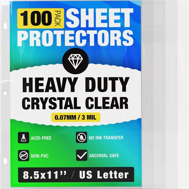Main image of 100 Pack of 8.5x11 Heavy Duty Crystal Clear Sheet Protectors for 3 Ring Binder, Plastic Page Sleeve Protectors for Paper Document (100 Pack, 8.5 x 11'' - 1 Pocket)