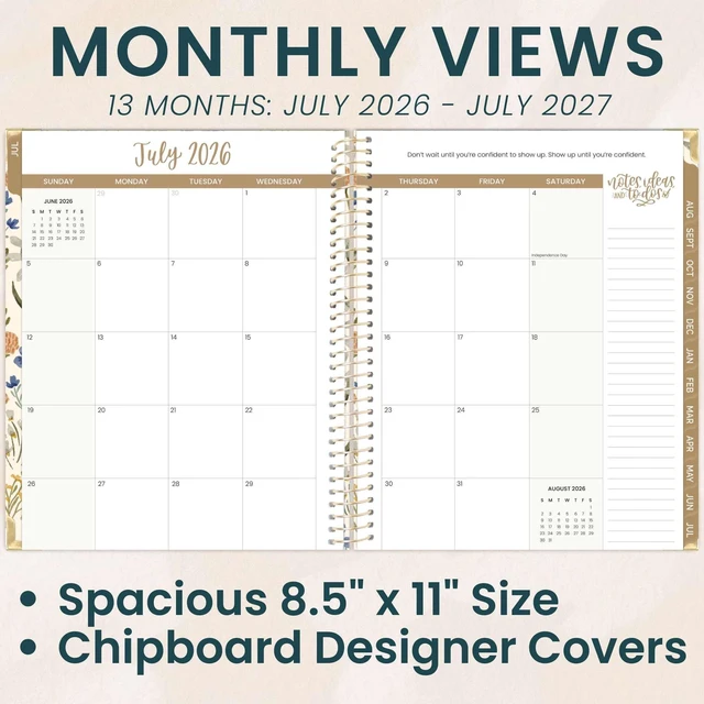 Alt view image 3 of 7 - HARDCOVER Planner 2026-2027 (8.5" x 11") Academic Year (July 2026 - July 2027) - 13 Months Task Goal Planner for Women - Monthly & Weekly Agenda Book - Whimsical Wildflowers