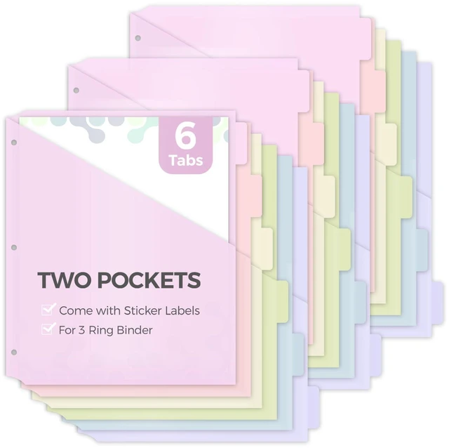 Main image of 6 Tabs Dividers with Two Pockets, Plastic Binder Dividers, 3 Sets Dividers for 3 Ring Binders,Extend Beyond Sheet Protectors, Binder Organizer for School Office and Home Organization