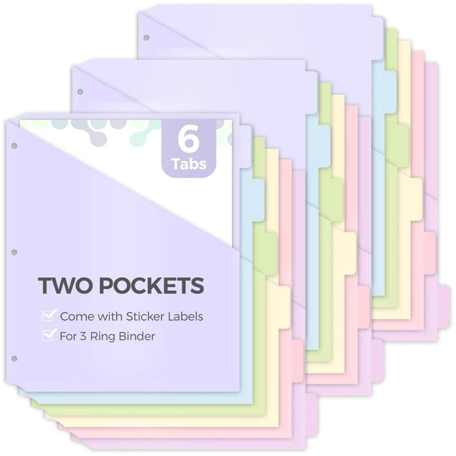Main image of 6 Tabs Dividers with Two Pockets, Plastic Binder Dividers, 3 Sets Dividers for 3 Ring Binders,Extend Beyond Sheet Protectors, Binder Organizer for School Office and Home Organization