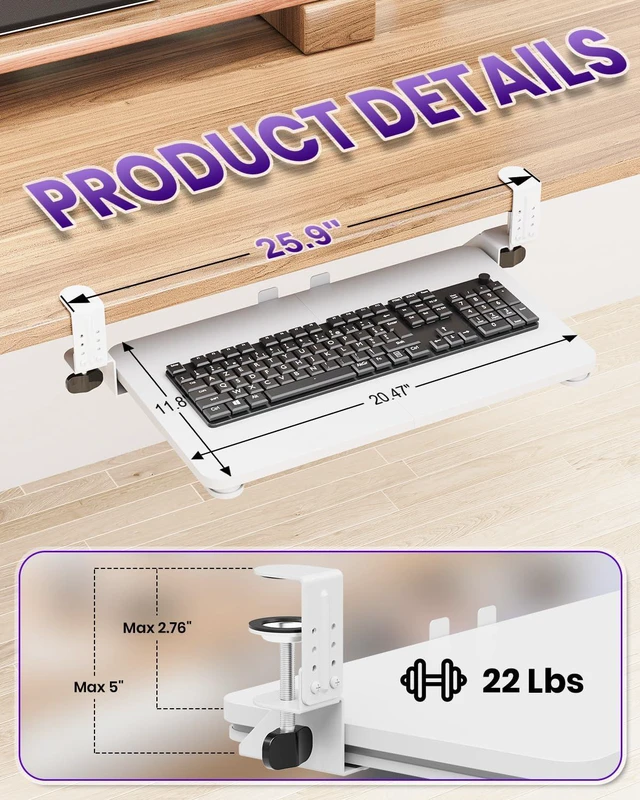 Alt view image 2 of 7 - Ergonomic Mouse & Keyboard Tray Under Desk, 20x11.8 in Board, White Heavy Duty Keyboard Drawer, Adjustable Height C-Clamp, Slide-Out Platform, Desk Accessories for Typing, 25.9" Including Clamp