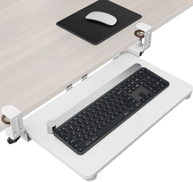 Main image of Ergonomic Mouse & Keyboard Tray Under Desk, 20x11.8 in Board, White Heavy Duty Keyboard Drawer, Adjustable Height C-Clamp, Slide-Out Platform, Desk Accessories for Typing, 25.9" Including Clamp