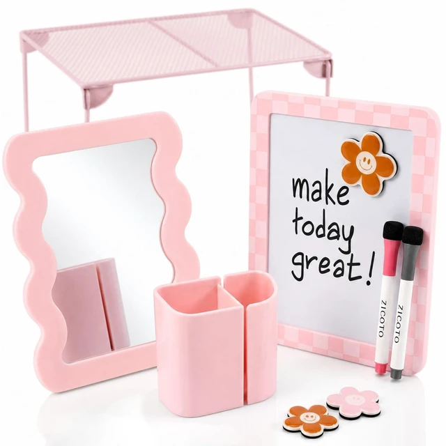 Main image of Stylish Locker Accessories Kit - Includes Shelf, Mirror, Whiteboard & More All-in-one School Locker Decor & Organizer Set with Pen Holder, Cute Flower Magnets & Markers to Brighten Your School Day