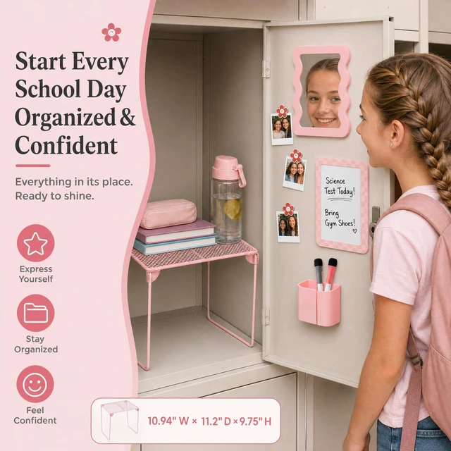 Alt view image 3 of 7 - Stylish Locker Accessories Kit - Includes Shelf, Mirror, Whiteboard & More All-in-one School Locker Decor & Organizer Set with Pen Holder, Cute Flower Magnets & Markers to Brighten Your School Day