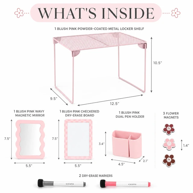Alt view image 5 of 7 - Stylish Locker Accessories Kit - Includes Shelf, Mirror, Whiteboard & More All-in-one School Locker Decor & Organizer Set with Pen Holder, Cute Flower Magnets & Markers to Brighten Your School Day
