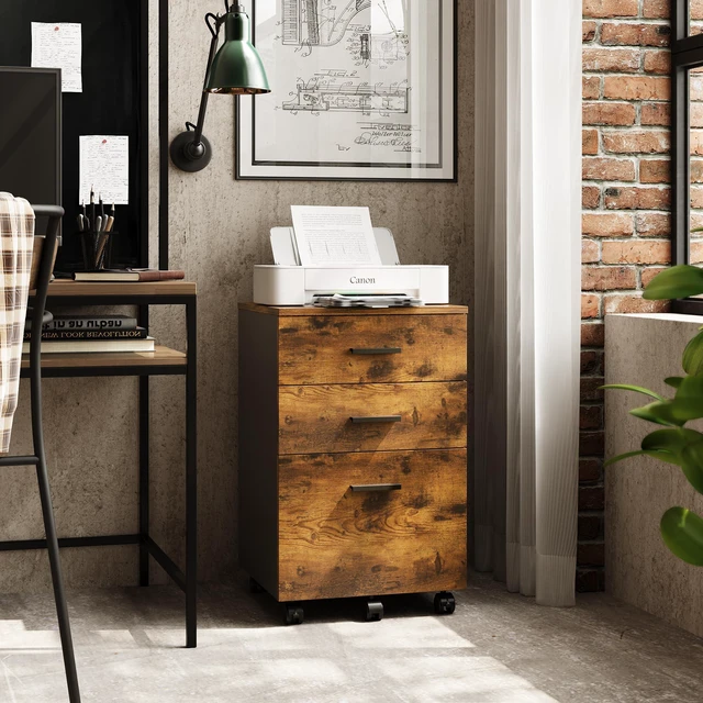 Alt view image 7 of 7 - 3 Drawer Wood File Cabinet, Under Desk Filing Cabinet, Rustic Brown Small Mobile Printer Stand, Fits Letter/A4 Size, Under Desk Storage Cabinet, Home Office