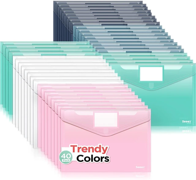 Main image of 40 Pack Plastic Envelopes, Plastic File Folders, Clear Folders Trendy Colors, Super Heavyweight Document Holders, Storage Pouches, File Envelopes for School Office Supplies