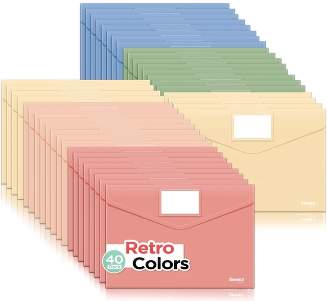 Main image of 40 Pack Plastic Envelopes, Plastic File Folder, Folders for Documents Retro Colors, Super Heavyweight Document Holder, Storage Pouches, File Envelopes for School Office Supplies