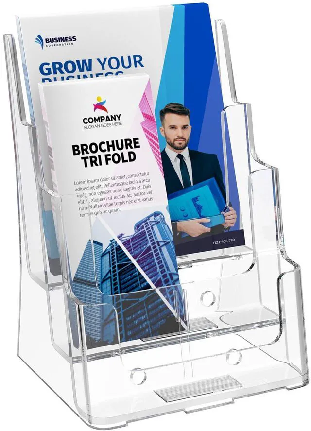Main image of Acrylic Brochure Holder 8.5 x 11 with Divider, 3 Tier, 1 Pack Clear Acrylic with Slanted Back for Stable Display, Wall or Countertop Use, Non-Slip Slots, Fits 4 x 9 Inserts via Divider