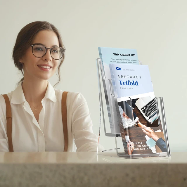 Alt view image 5 of 7 - 2 Tier Acrylic Brochure Holder 4x9 Inch, Pamphlet Holder 4 Pack Clear Acrylic, 2 Tier Design, Holds Brochures, Flyers And Pamphlets, Countertop Organizer, Easy Access, Space-Saving