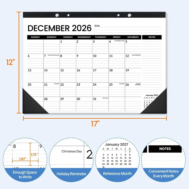 Alt view image 2 of 7 - Desk Calendar 2026-2027 3 Packs - 18 Month Calendar Oct 2026 - Mar 2028, 17" x 12" Desktop Calendar with Notes, for Planning, Organizing in Family, School or Office - Black 2026-2027 Calendar
