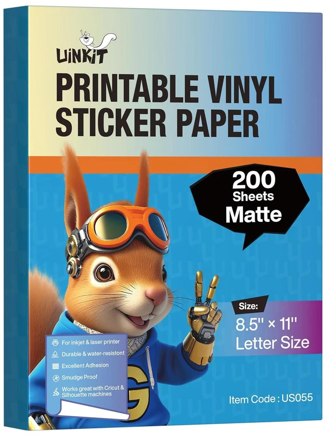 Main image of Matte Premium Printable Vinyl Sticker Paper 8.5"x 11" 200 Sheets Waterproof, Dries Quickly Vivid Colors Tear-Resistant Decals for Crafts, Labels & Small Projects - Inkjet & Laser Printers