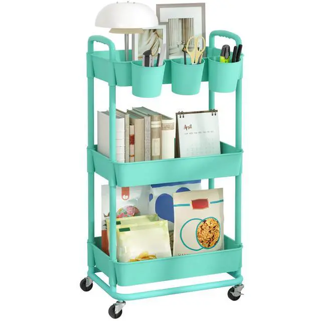Main image of 3-Tier Plastic Rolling Storage Cart Utility Cart Green Utility Cart with Extra Hanging Cups Arc-Shaped Handles Lockable Wheels for Living Room Bathroom Kitchen Office