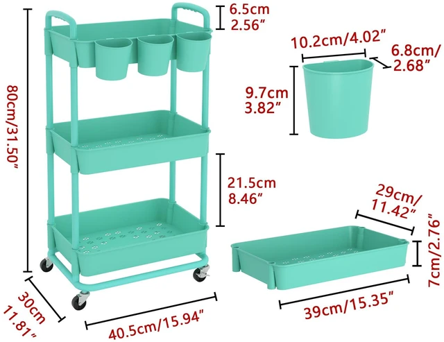 Alt view image 2 of 7 - 3-Tier Plastic Rolling Storage Cart Utility Cart Green Utility Cart with Extra Hanging Cups Arc-Shaped Handles Lockable Wheels for Living Room Bathroom Kitchen Office
