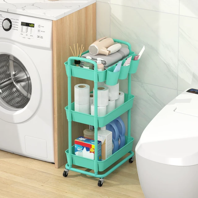 Alt view image 3 of 7 - 3-Tier Plastic Rolling Storage Cart Utility Cart Green Utility Cart with Extra Hanging Cups Arc-Shaped Handles Lockable Wheels for Living Room Bathroom Kitchen Office