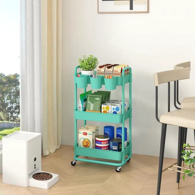 Alt view image 4 of 7 - 3-Tier Plastic Rolling Storage Cart Utility Cart Green Utility Cart with Extra Hanging Cups Arc-Shaped Handles Lockable Wheels for Living Room Bathroom Kitchen Office
