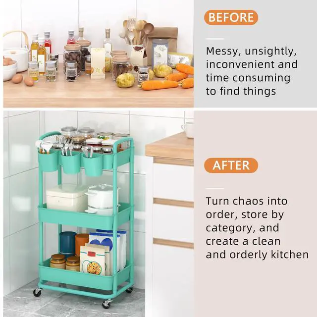 Alt view image 5 of 7 - 3-Tier Plastic Rolling Storage Cart Utility Cart Green Utility Cart with Extra Hanging Cups Arc-Shaped Handles Lockable Wheels for Living Room Bathroom Kitchen Office