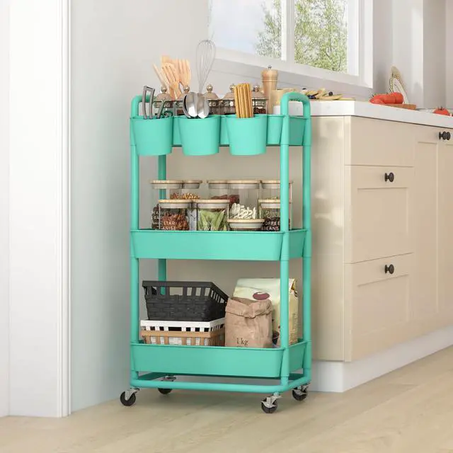 Alt view image 6 of 7 - 3-Tier Plastic Rolling Storage Cart Utility Cart Green Utility Cart with Extra Hanging Cups Arc-Shaped Handles Lockable Wheels for Living Room Bathroom Kitchen Office