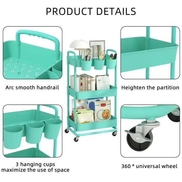 Alt view image 7 of 7 - 3-Tier Plastic Rolling Storage Cart Utility Cart Green Utility Cart with Extra Hanging Cups Arc-Shaped Handles Lockable Wheels for Living Room Bathroom Kitchen Office