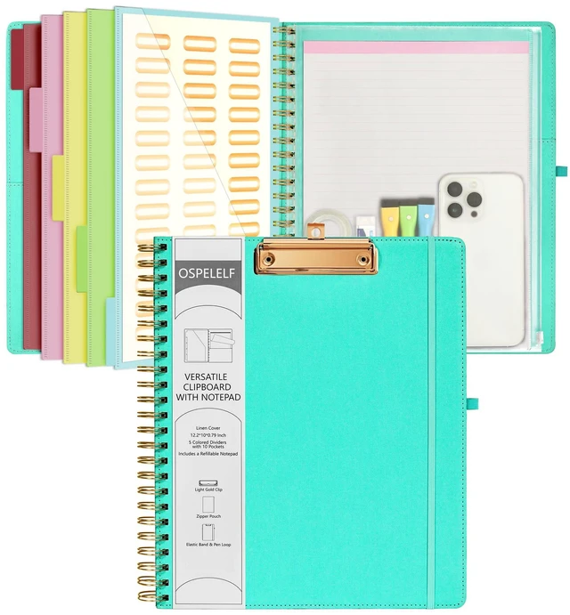 Main image of Foldable Spiral Clipboard Folio with Storage Zipper Pouch, 5 Plastic Folders with 10 Pockets,Refillable Lined Notepad (11" x 8.5"), Hardcover Project Organizer with 39 Stickers (Aqua)