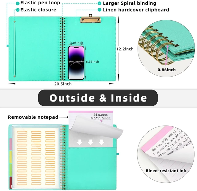 Alt view image 3 of 6 - Foldable Spiral Clipboard Folio with Storage Zipper Pouch, 5 Plastic Folders with 10 Pockets,Refillable Lined Notepad (11" x 8.5"), Hardcover Project Organizer with 39 Stickers (Aqua)