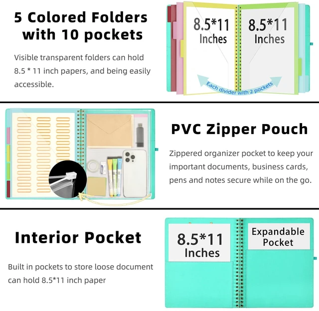 Alt view image 2 of 6 - Foldable Spiral Clipboard Folio with Storage Zipper Pouch, 5 Plastic Folders with 10 Pockets,Refillable Lined Notepad (11" x 8.5"), Hardcover Project Organizer with 39 Stickers (Aqua)