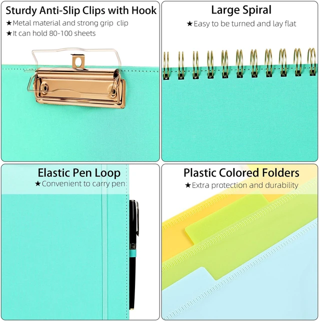 Alt view image 4 of 6 - Foldable Spiral Clipboard Folio with Storage Zipper Pouch, 5 Plastic Folders with 10 Pockets,Refillable Lined Notepad (11" x 8.5"), Hardcover Project Organizer with 39 Stickers (Aqua)