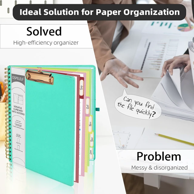 Alt view image 5 of 6 - Foldable Spiral Clipboard Folio with Storage Zipper Pouch, 5 Plastic Folders with 10 Pockets,Refillable Lined Notepad (11" x 8.5"), Hardcover Project Organizer with 39 Stickers (Aqua)