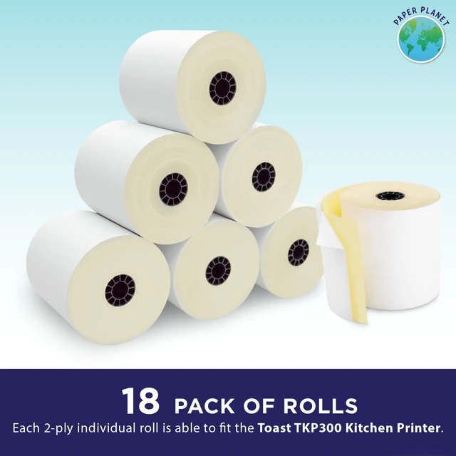 Alt view image 2 of 7 - 2-Ply Paper for Toast Kitchen Printer TKP300 | 18 Rolls 2-Ply White/Yellow Carbonless Paper, Compatible with Toast Kitchen Printer, Fits TKP300 SNBC BTP-M300