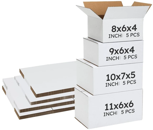 Main image of Assorted Sizes Shipping Boxes 20 Pack (11x6x6, 10x7x5, 9x6x4, 8x6x4), White Corrugated Cardboard Mailers, Each 5 PCS Small Boxes for Small Business Packaging, Shipping & Storage