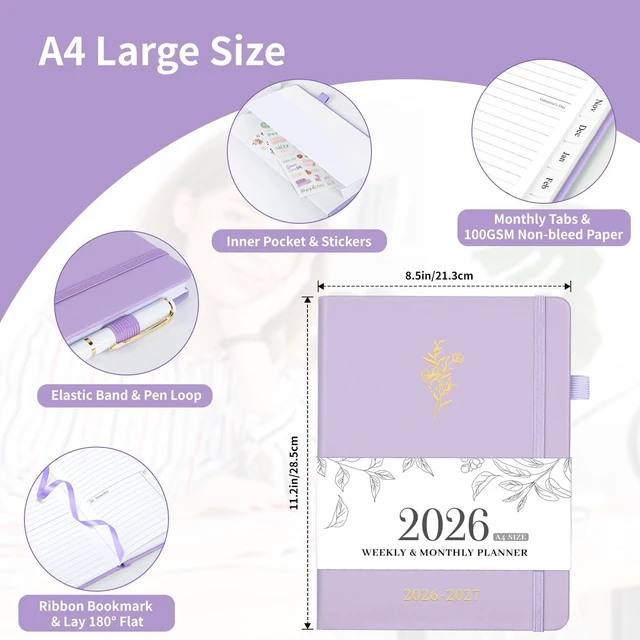 Alt view image 4 of 6 - 2026-2027 Planner, Weekly & Monthly Calendar with Tabs, 8.5"x11" Jul 2026-Jun 2027 Academic Year, A4 Large Hardcover Calendar Agenda with Date for School & Office Schedule, Purple