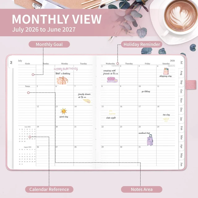 Alt view image 2 of 6 - 2026-2027 Planner, Weekly & Monthly Calendar with Tabs, 8.5"x11" Jul 2026-Jun 2027 Academic Year, A4 Large Hardcover Calendar Agenda with Date for School & Office Schedule, Pink