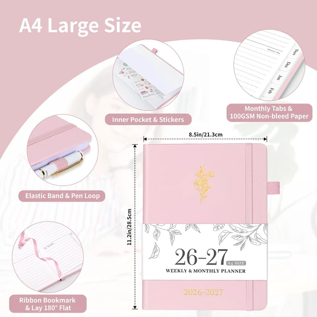 Alt view image 4 of 6 - 2026-2027 Planner, Weekly & Monthly Calendar with Tabs, 8.5"x11" Jul 2026-Jun 2027 Academic Year, A4 Large Hardcover Calendar Agenda with Date for School & Office Schedule, Pink