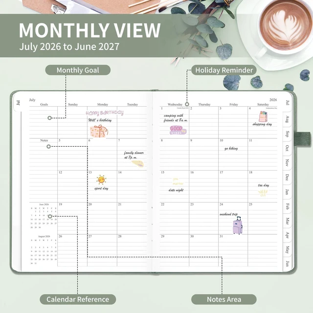 Alt view image 2 of 6 - 2026-2027 Planner, Weekly & Monthly Calendar with Tabs, 8.5"x11" Jul 2026-Jun 2027 Academic Year, A4 Large Hardcover Calendar Agenda with Date for School & Office Schedule, Sage Green