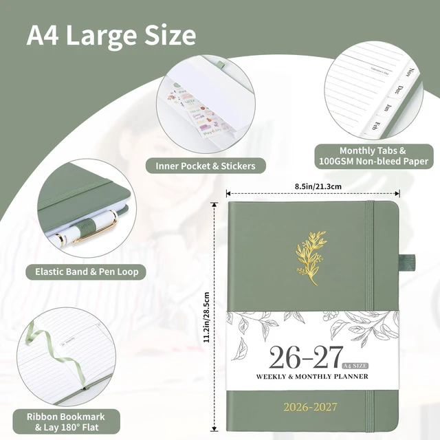 Alt view image 4 of 6 - 2026-2027 Planner, Weekly & Monthly Calendar with Tabs, 8.5"x11" Jul 2026-Jun 2027 Academic Year, A4 Large Hardcover Calendar Agenda with Date for School & Office Schedule, Sage Green