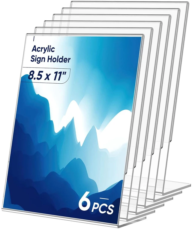 Main image of 6 Pack Acrylic Sign Holder 8.5x11 Inches, L-Shape Flyer Holder Stand Clear Display Holder, Menu Display Stand, Table Paper Holder, Plastic Sign Display Stand for Restaurants, Store, Office