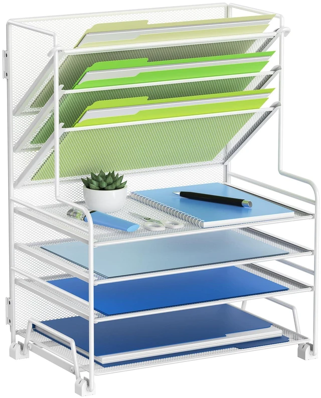 Main image of 4-Tier Paper Organizer + 3-Pocket File Holder + Drawer + Pen Holders, Desktop File Organizers Paper Tray for Office Supplies School Classroom Organization (White, no Drawer & Pen Holder)