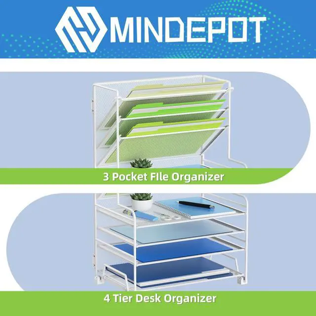 Alt view image 3 of 6 - 4-Tier Paper Organizer + 3-Pocket File Holder + Drawer + Pen Holders, Desktop File Organizers Paper Tray for Office Supplies School Classroom Organization (White, no Drawer & Pen Holder)