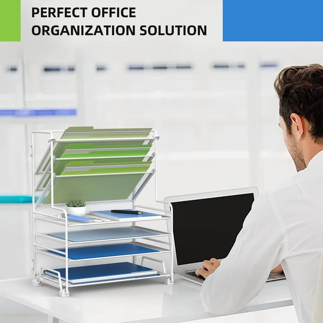 Alt view image 5 of 6 - 4-Tier Paper Organizer + 3-Pocket File Holder + Drawer + Pen Holders, Desktop File Organizers Paper Tray for Office Supplies School Classroom Organization (White, no Drawer & Pen Holder)