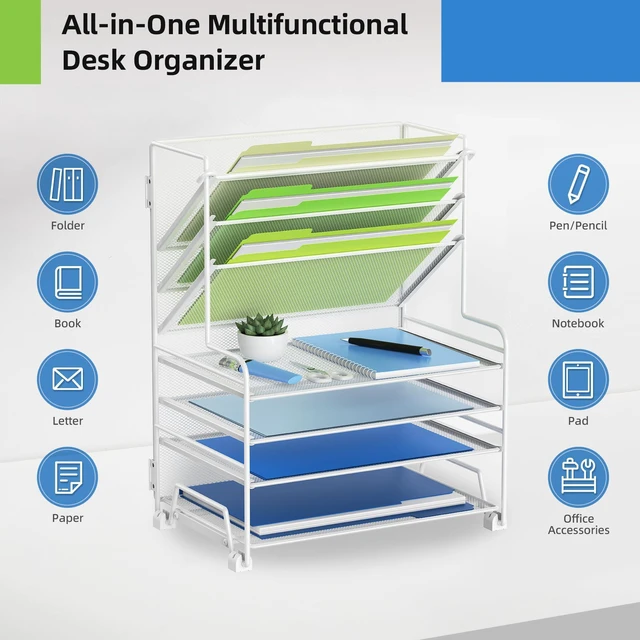 Alt view image 4 of 6 - 4-Tier Paper Organizer + 3-Pocket File Holder + Drawer + Pen Holders, Desktop File Organizers Paper Tray for Office Supplies School Classroom Organization (White, no Drawer & Pen Holder)