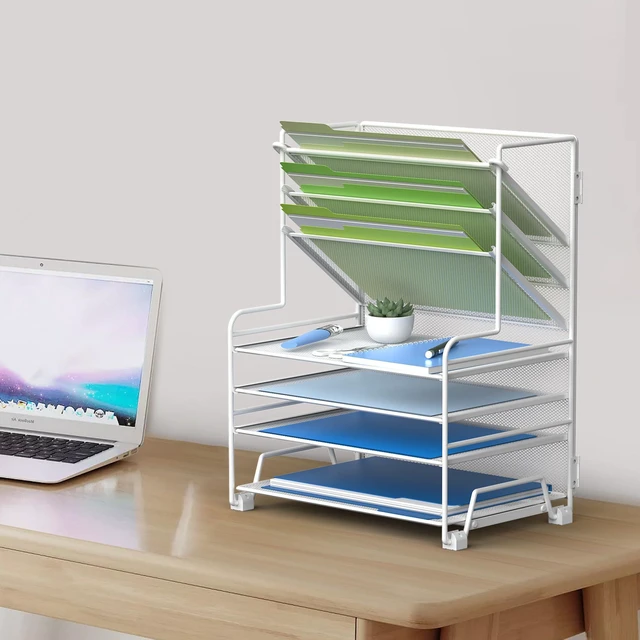 Alt view image 6 of 6 - 4-Tier Paper Organizer + 3-Pocket File Holder + Drawer + Pen Holders, Desktop File Organizers Paper Tray for Office Supplies School Classroom Organization (White, no Drawer & Pen Holder)